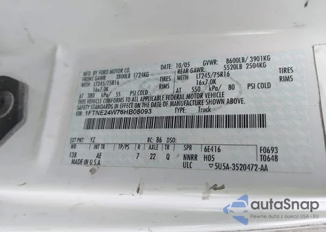 2006 Ford Econoline E250 Van из США, поврежденный, VIN 1FTNE24W76HB08093